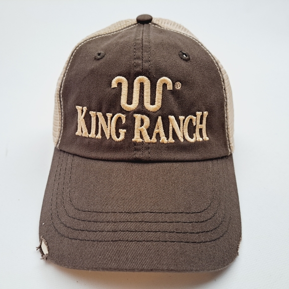 King Ranch Distressed Mesh Trucker Strapback Hat Cap Brown Embroidered - Picture 1 of 4